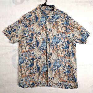 Men's Margaritaville Cream Blue Peach Button-Up Shirt L Silk Linen Short Sleeve